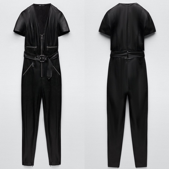 Zara ZIPPERED FAUX LEATHER V-Neck Short Sleeve JUMPSUIT Black Size S NEW - Picture 6 of 8
